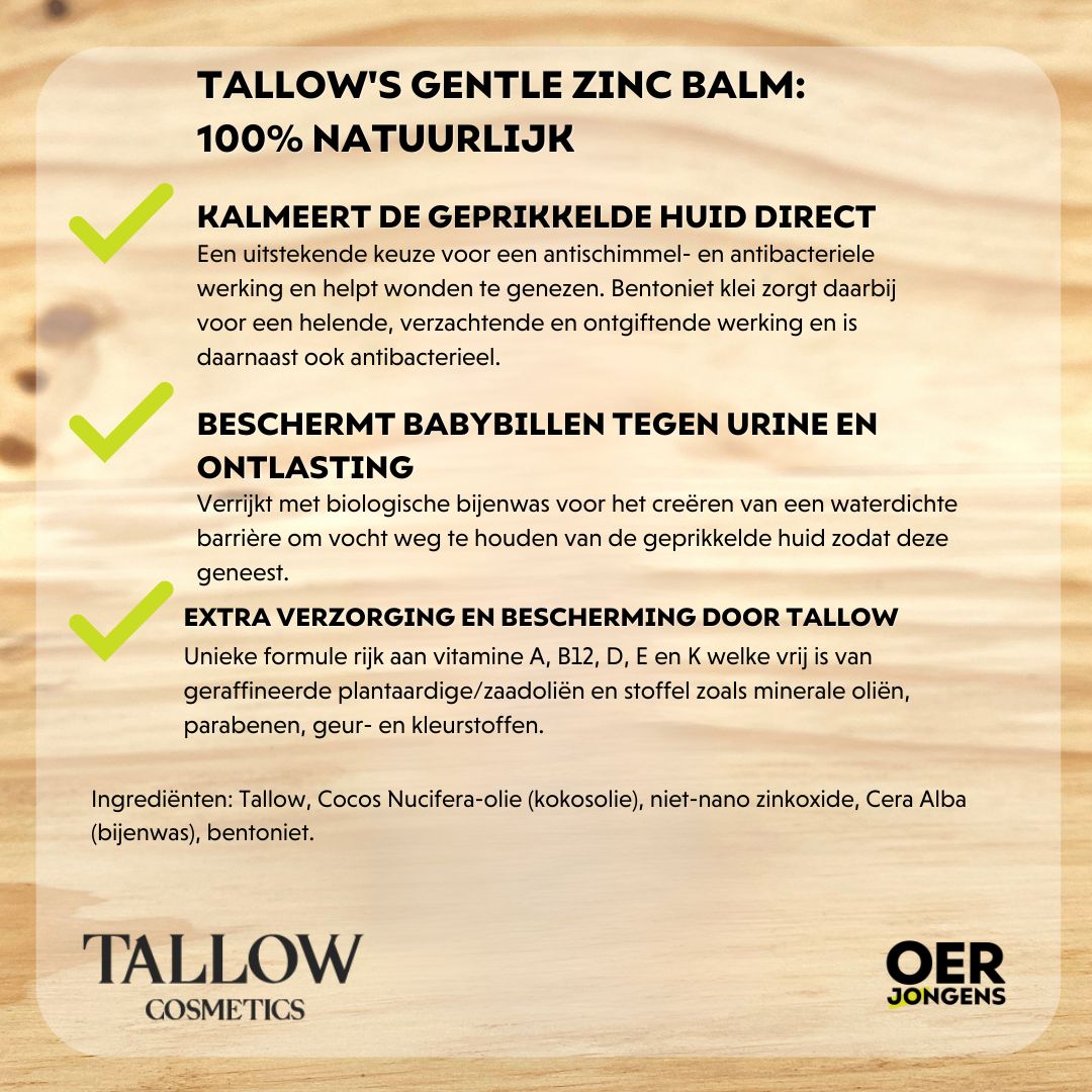 Natuurlijke luierzalf bij geïrriteerde billetjes. Zacht en effectief bij luieruitslag, uitslag, krentenbaard, smetplekken, eczeem en droge huid. Met bijenwas & tallow. Zonder schadelijke chemicaliën. Kalmeert, beschermt en herstelt.