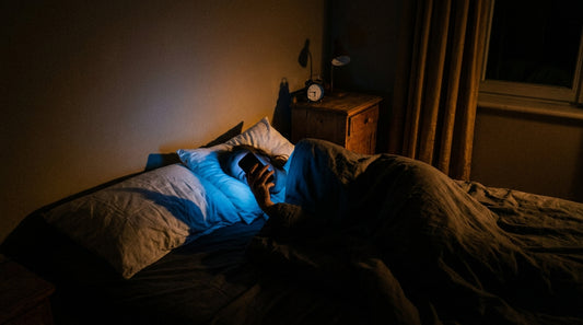 A person lying in bed at night with their face illuminated by a cold blue smartphone screen, contrasting with the warm darkness of the surrounding bedroom.