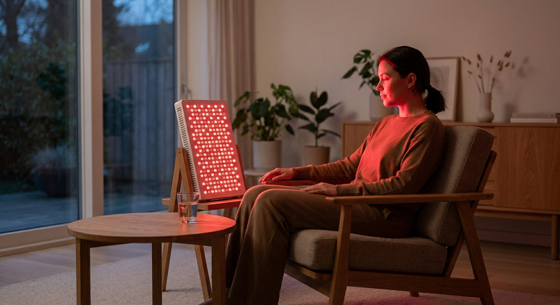 A person relaxing in a dimly lit modern living room bathed in warm red light from a therapy panel, conveying calm and cellular restoration.