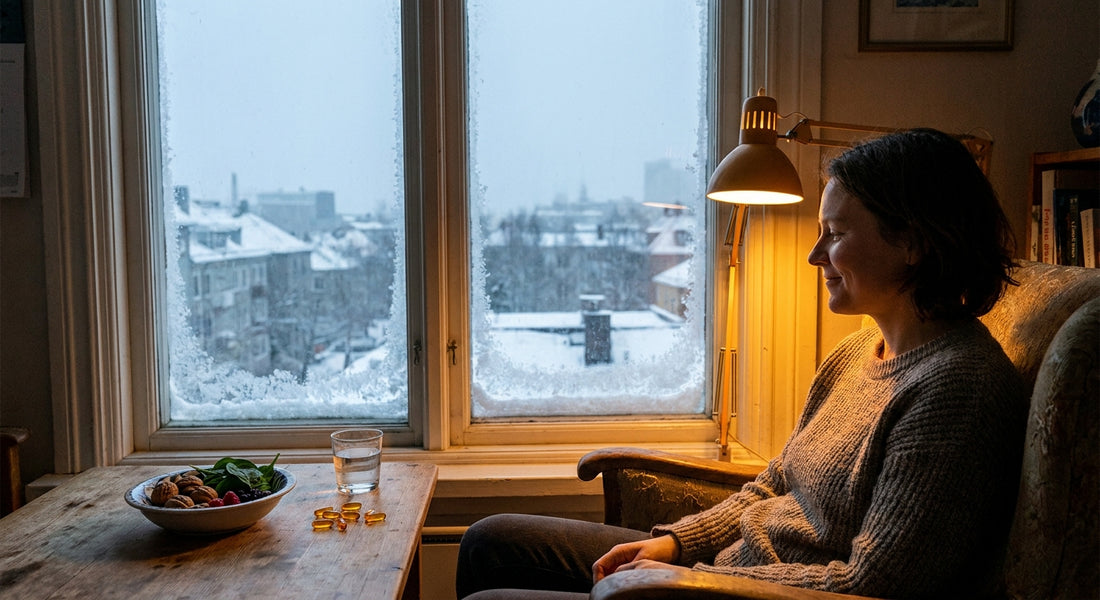 A person sitting by a frost-covered window in winter, bathed in warm golden light therapy lamp glow, with supplements and nutritious foods on the table beside them.