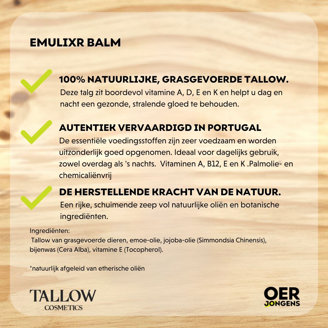 100% tallow voor gevoelige, droge of reactieve huid. Grasgevoerde tallow, emoe-olie, jojoba, bijenwas & vitamine E.  Hydratatie en huidbarrière-ondersteuning.
