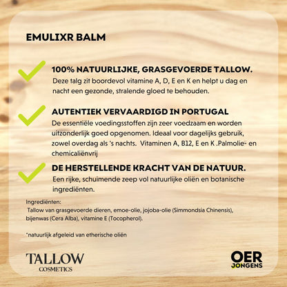 100% tallow voor gevoelige, droge of reactieve huid. Grasgevoerde tallow, emoe-olie, jojoba, bijenwas & vitamine E.  Hydratatie en huidbarrière-ondersteuning.
