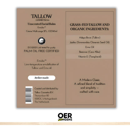 100% tallow voor gevoelige, droge of reactieve huid. Grasgevoerde tallow, emoe-olie, jojoba, bijenwas & vitamine E.  Hydratatie en huidbarrière-ondersteuning.
