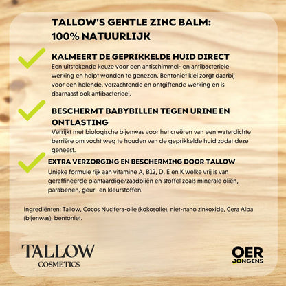 Natuurlijke luierzalf bij geïrriteerde billetjes. Zacht en effectief bij luieruitslag, uitslag, krentenbaard, smetplekken, eczeem en droge huid. Met bijenwas & tallow. Zonder schadelijke chemicaliën. Kalmeert, beschermt en herstelt.