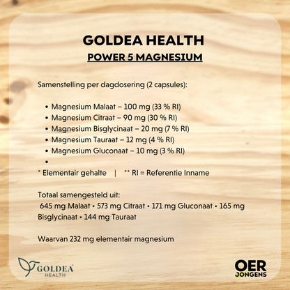 Hoogwaardige Power 5 Magnesium met 5 goed opneembare vormen. Vermindert vermoeidheid, ondersteunt spieren & zenuwstelsel. 100% vegan, zonder vulstoffen.