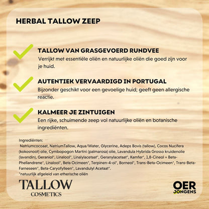 Natuurlijke tallow zeep met kruiden. Mild voor de huid, zonder uitdroging. Gemaakt met grasgevoerde rundertalg, natuurlijke- en  etherische oliën. Dagelijks te gebruiken.