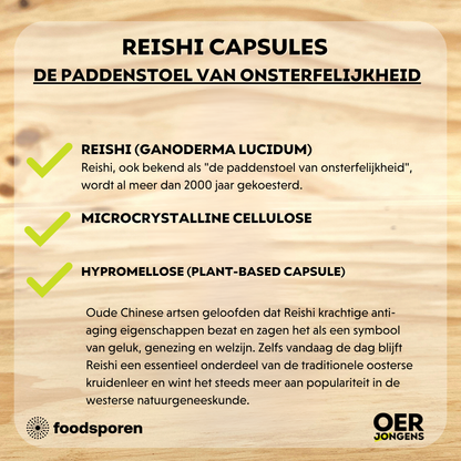 Hoogwaardig Reishi extract (12:1, 30% polysachariden). Ondersteunt vitaliteit, weerstand & herstel. 100% vruchtlichamen, zonder vulmiddelen. 60 capsules.
