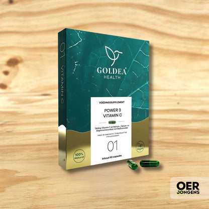 Hooggedoseerde vitamine C uit drie bronnen met bioflavonoïden. Ondersteunt weerstand, collageenvorming, energie en ijzeropname. 100% plantaardig.
