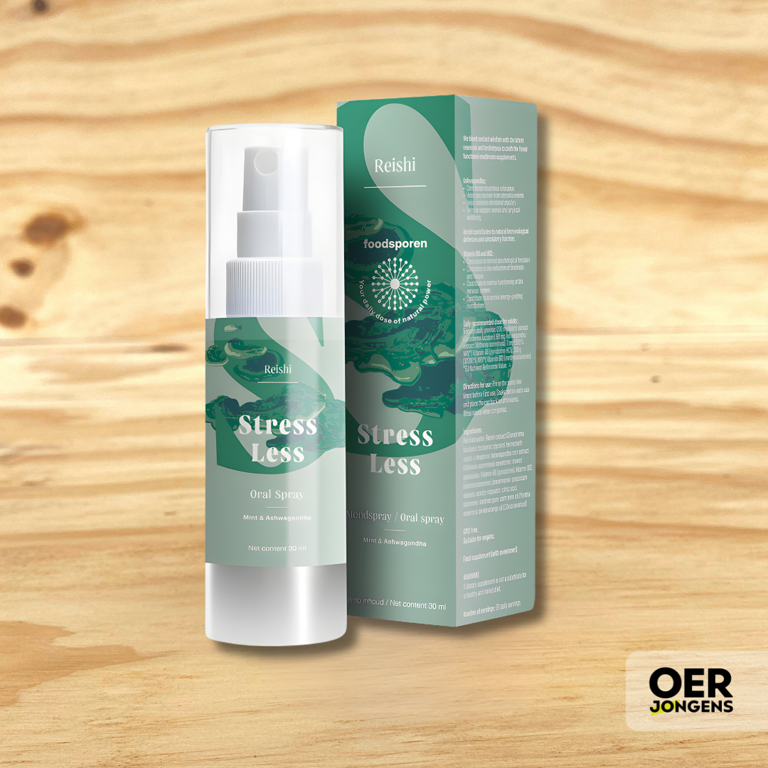 Snelle rust in 10 min. StressLess mondspray met Reishi, L-theanine, Ashwagandha + B6/B12. Voor focus & innerlijke kalmte.
